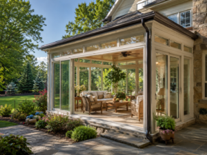 Sunroom addition with glass walls overlooking a Maryland backyard