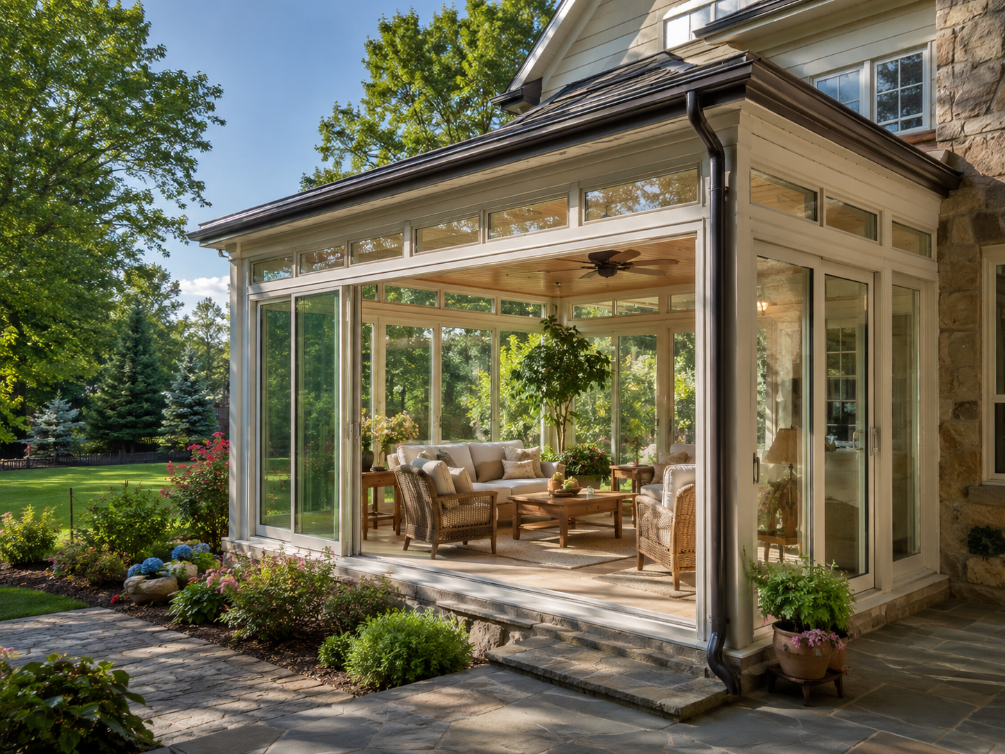 Sunroom addition with glass walls overlooking a Maryland backyard