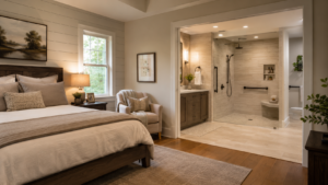 Aging-in-place remodeling in Maryland with curbless shower, safer bathroom, first-floor suite, wider pathways, better lighting, accessible kitchen, and comfortable home design.