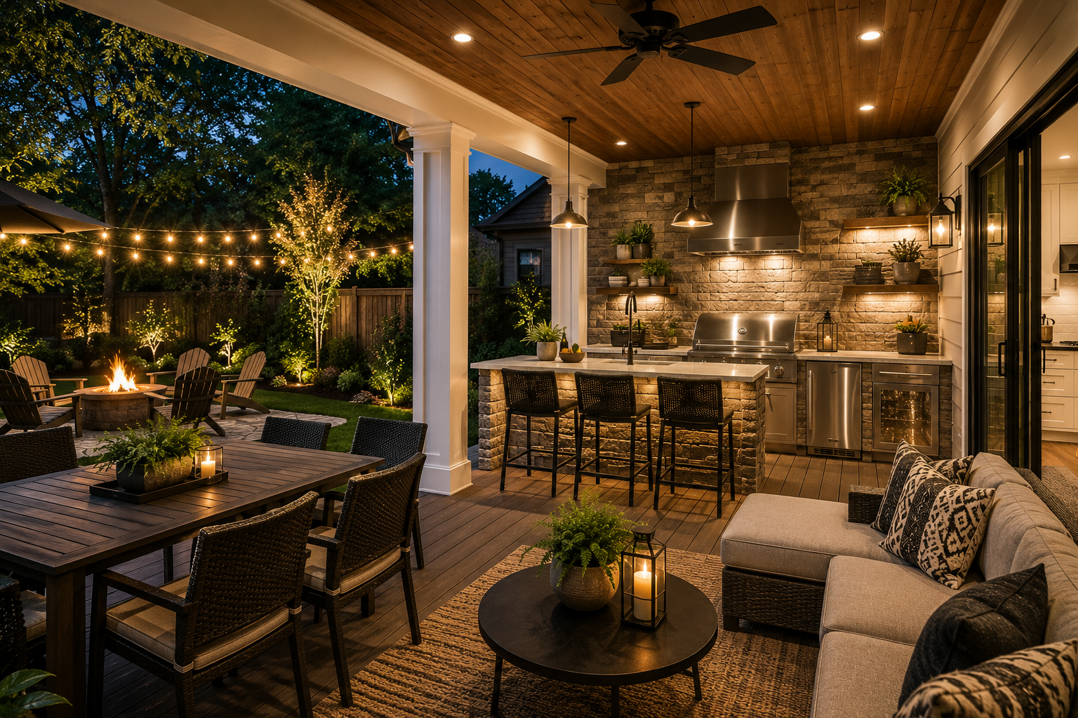Outdoor kitchen and covered porch remodeling in Maryland with built-in grill, dining area, warm lighting, weather-resistant materials, deck seating, and summer-ready outdoor living design.