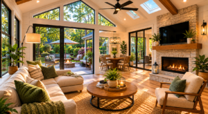 Four-season sunroom addition in Maryland with large windows, natural light, warm wood flooring, comfortable seating, garden views, and indoor-outdoor living design.