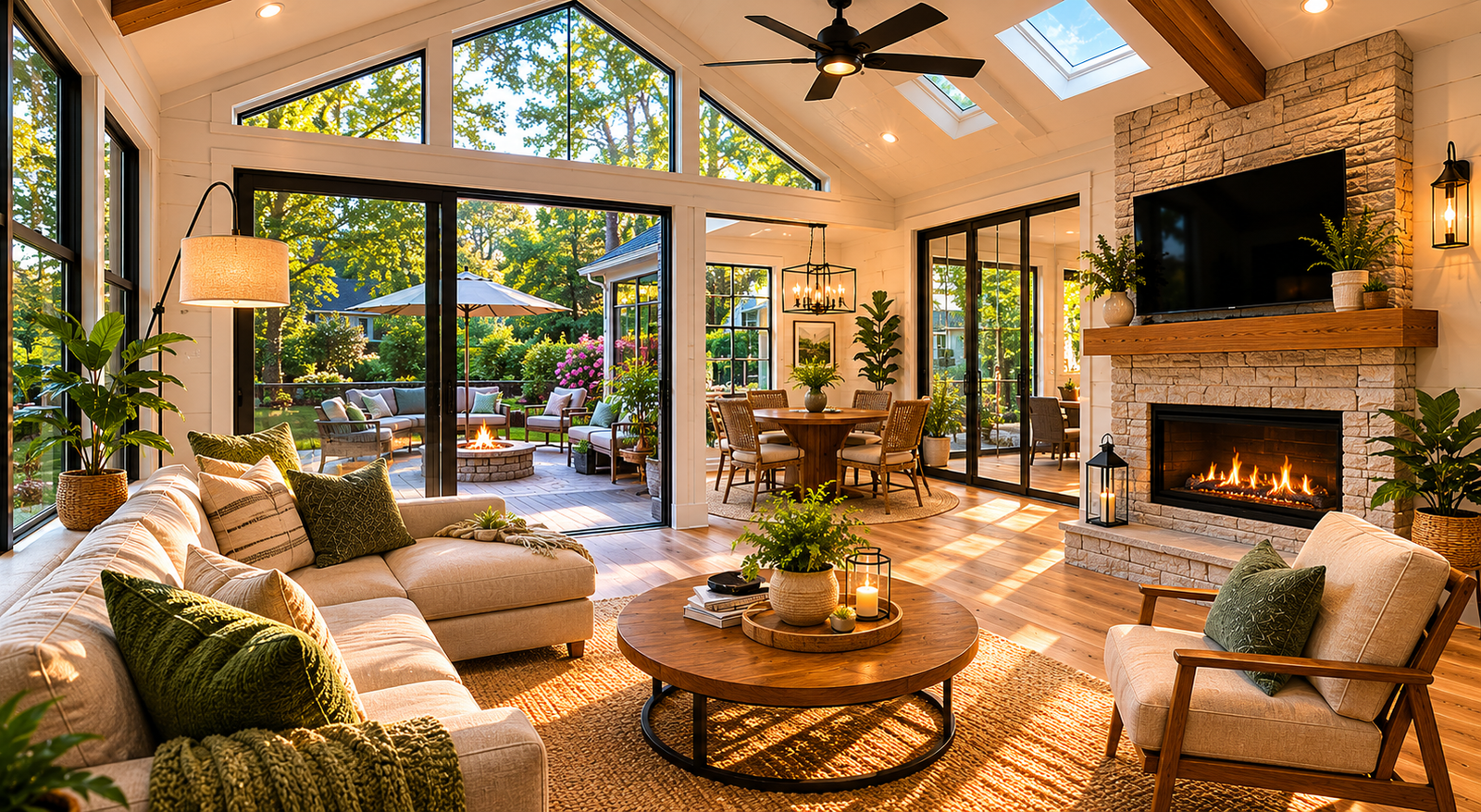 Four-season sunroom addition in Maryland with large windows, natural light, warm wood flooring, comfortable seating, garden views, and indoor-outdoor living design.
