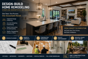 Design-build home remodeling in Maryland, Washington DC, and Virginia with coordinated kitchen, living room, home addition, outdoor space, architectural planning, and construction craftsmanship.