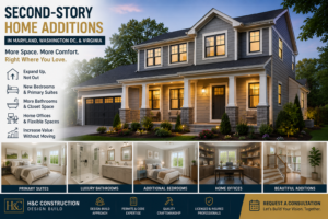 Second-story home addition in Maryland, Washington DC, and Virginia with expanded upper level, new primary suite, updated exterior, modern windows, and professional design-build construction.
