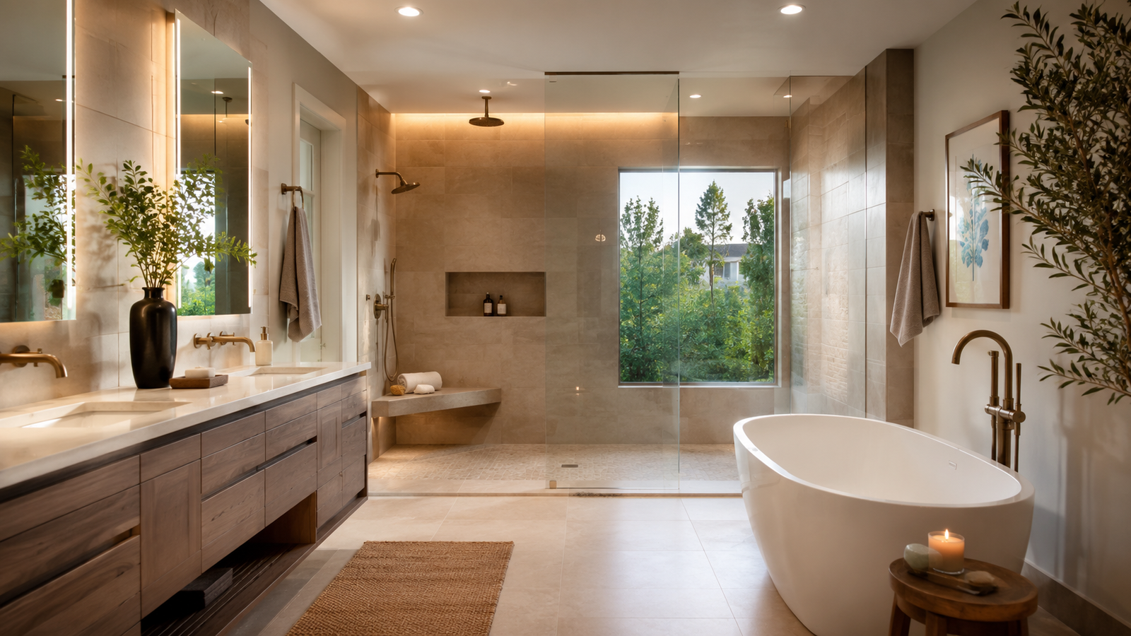 Wet room bathroom remodeling in Maryland with curbless shower, freestanding tub, warm tile, frameless glass, built-in bench, double vanity, and spa-inspired design.