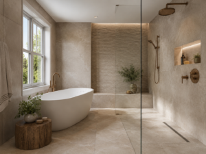 Spa-style wet room bathroom remodel with curbless shower in a Maryland home
