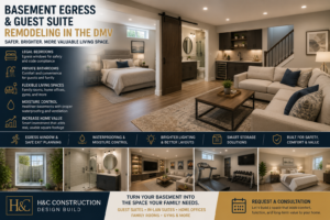 Basement egress and guest suite remodeling in the DMV with bright lower-level bedroom, egress window, modern bathroom, comfortable lounge, moisture-conscious flooring, and safe finished basement design.