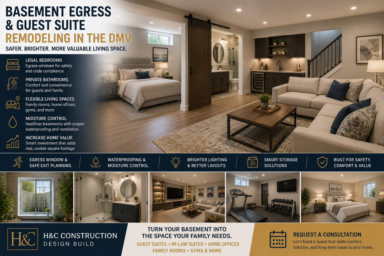 Basement egress and guest suite remodeling in the DMV with bright lower-level bedroom, egress window, modern bathroom, comfortable lounge, moisture-conscious flooring, and safe finished basement design.