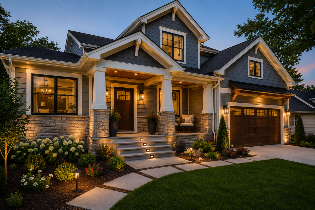Curb appeal and exterior remodeling in Maryland with updated siding, front porch, modern entryway, exterior lighting, landscaping, and outdoor living design.