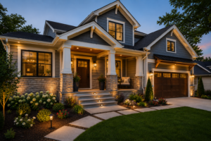 Curb appeal and exterior remodeling in Maryland with updated siding, front porch, modern entryway, exterior lighting, landscaping, and outdoor living design.