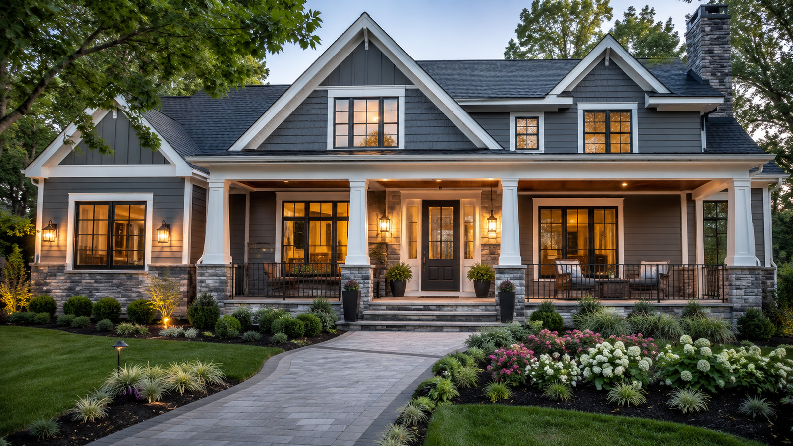 Curb appeal and exterior remodeling in Maryland with updated siding, front porch, modern entryway, exterior lighting, landscaping, and outdoor living design.