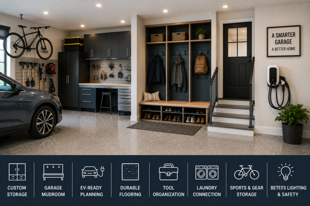 Garage remodeling and garage mudroom design in Maryland with custom storage cabinets, durable flooring, EV-ready wall area, built-in bench, tool organization, and family entryway.