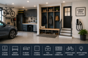 Garage remodeling and garage mudroom design in Maryland with custom storage cabinets, durable flooring, EV-ready wall area, built-in bench, tool organization, and family entryway.
