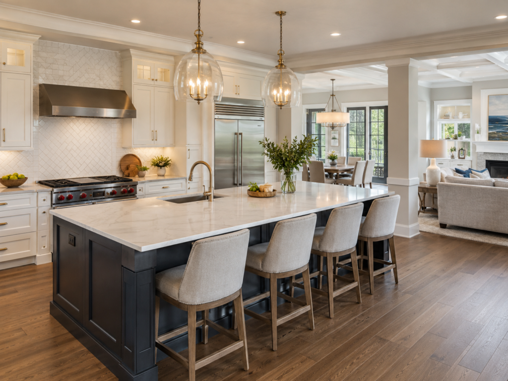 Expanded open-concept kitchen remodel with large island in a Maryland home