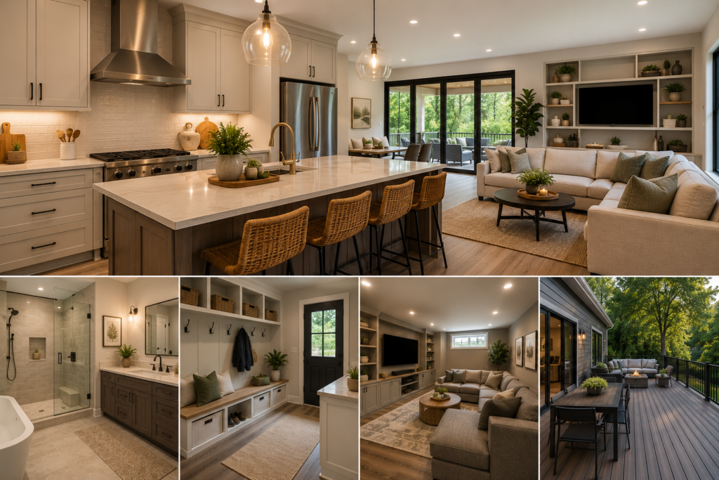 Low-maintenance home remodeling in Maryland with durable flooring, quartz countertops, easy-clean kitchen, modern bathroom, composite deck, built-in storage, and family-friendly design.