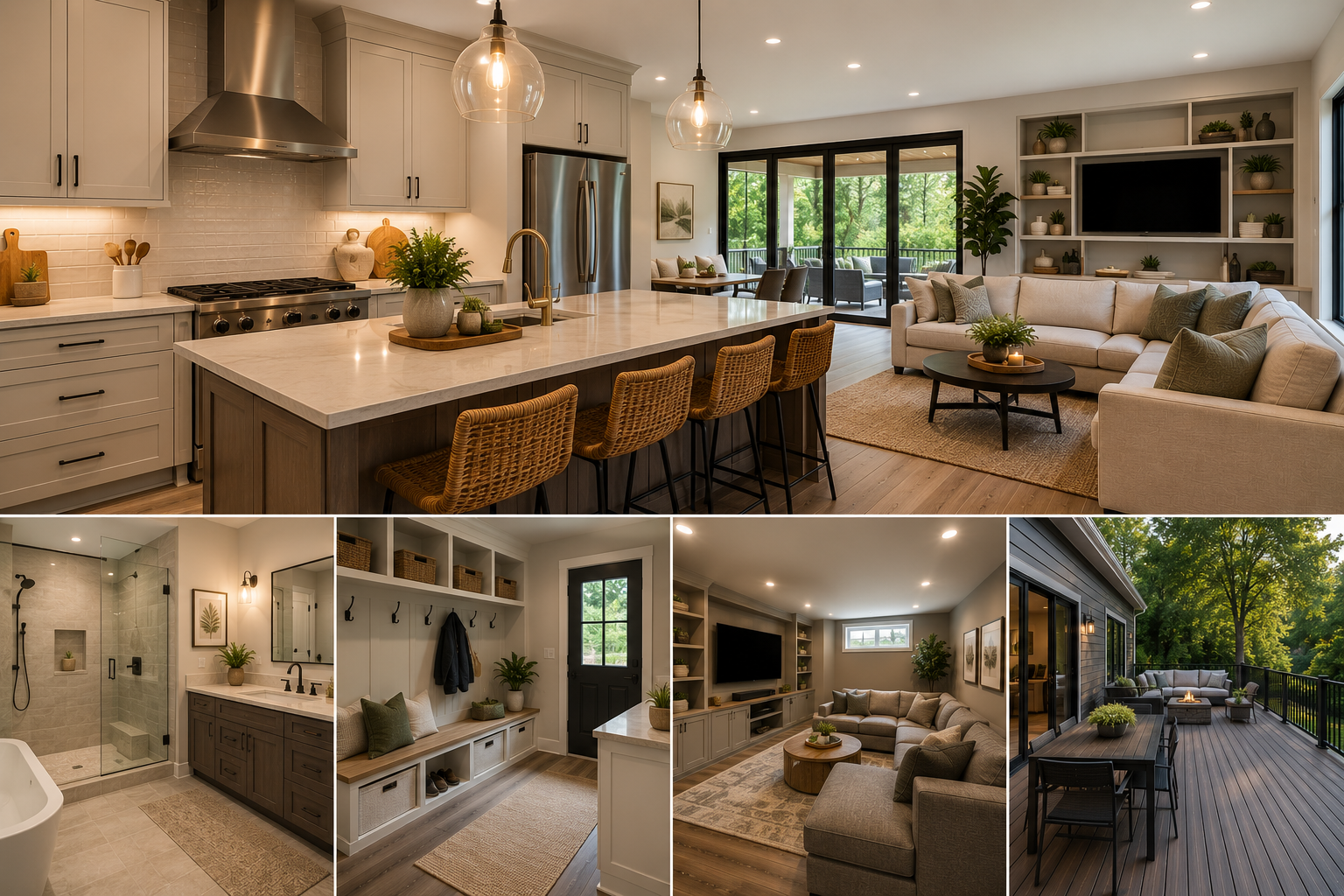 Low-maintenance home remodeling in Maryland with durable flooring, quartz countertops, easy-clean kitchen, modern bathroom, composite deck, built-in storage, and family-friendly design.