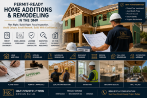 Permit-ready home additions and remodeling in the DMV with contractor reviewing plans, home addition framing, inspection checklist, kitchen remodel, deck construction, and professional design-build planning