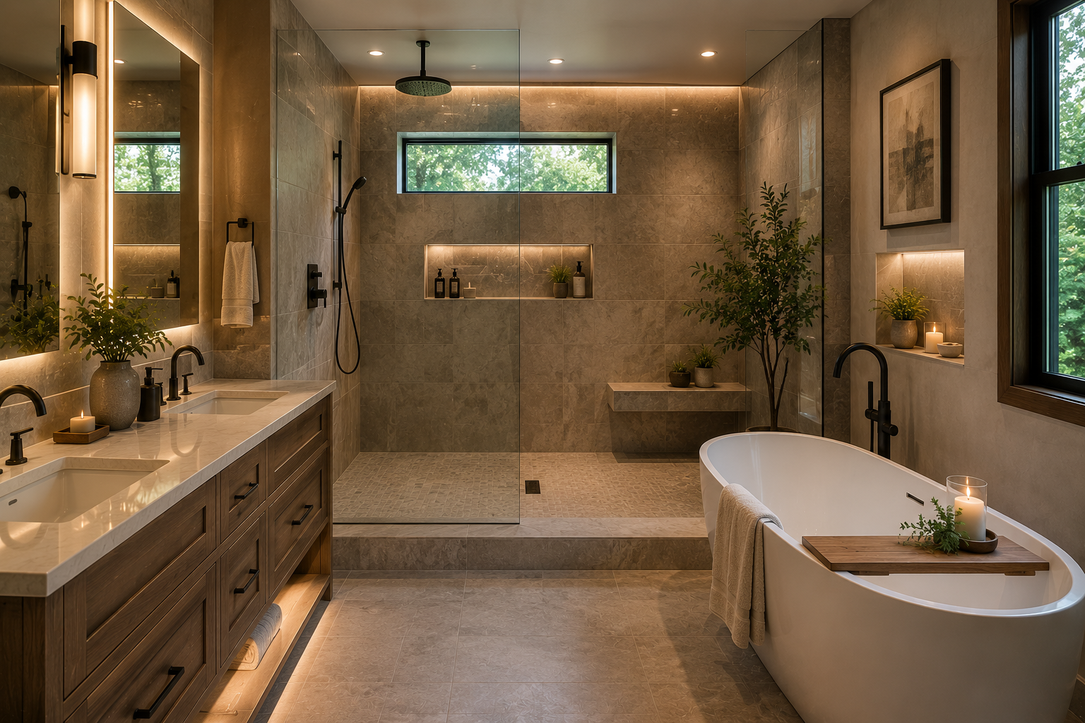 Wet room bathroom remodeling in Maryland with curbless shower, freestanding tub, warm tile, frameless glass, built-in bench, double vanity, and spa-inspired design.