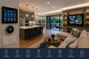 Smart home remodeling in Maryland with integrated lighting, modern kitchen, smart security, climate controls, connected living space, and outdoor living design.