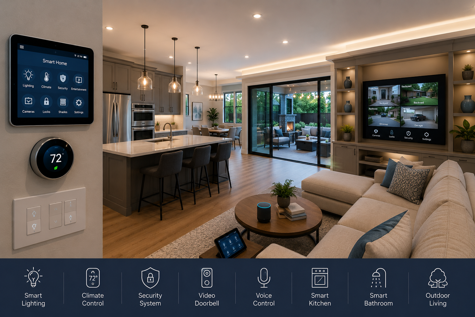 Smart home remodeling in Maryland with integrated lighting, modern kitchen, smart security, climate controls, connected living space, and outdoor living design.