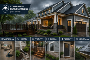 Storm-ready home remodeling in Maryland with protected basement entry, reinforced deck, covered porch, upgraded exterior, drainage planning, and durable family home design.