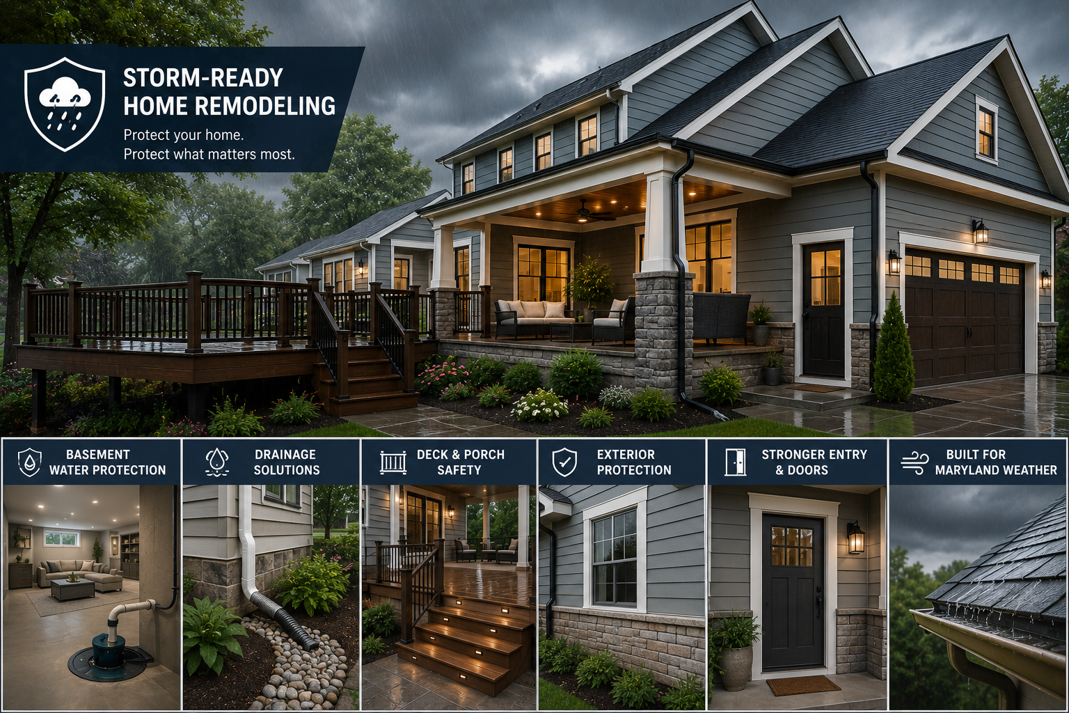 Storm-ready home remodeling in Maryland with protected basement entry, reinforced deck, covered porch, upgraded exterior, drainage planning, and durable family home design.