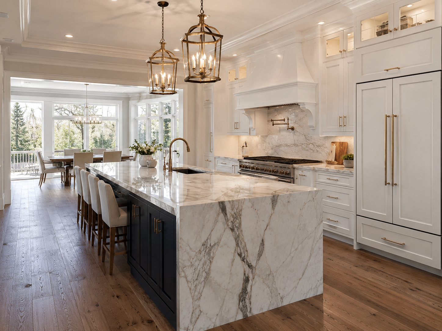 Luxury kitchen remodel with dark island and stone countertop in a McLean Virginia home