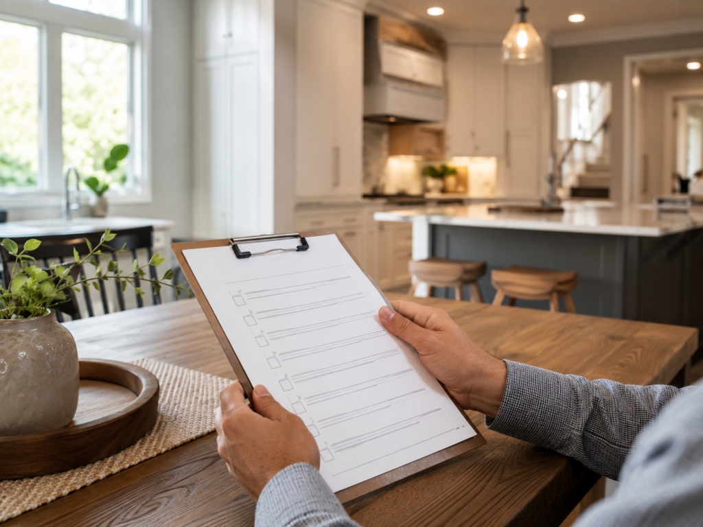 Homeowner reviewing contractor checklist before remodeling project in Maryland