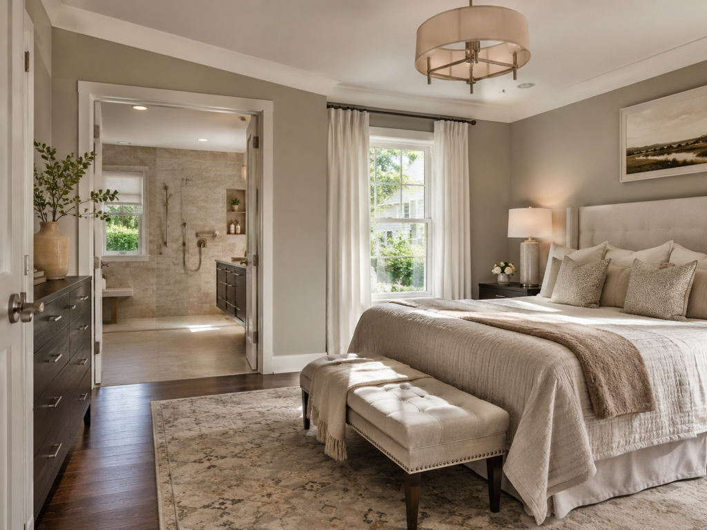 First-floor primary suite addition on a Maryland home with accessible ensuite bathroom