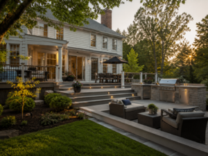 Multi-level deck with outdoor kitchen on a Maryland home
