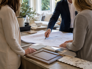 Design-build team reviewing renovation plans with Maryland homeowner