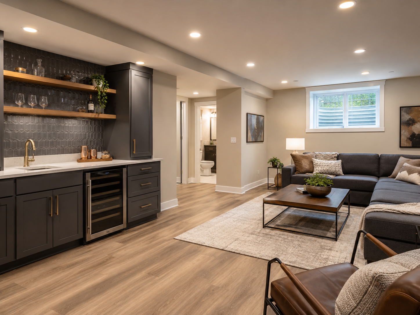 Finished basement remodel in a Maryland home with home office and entertainment space