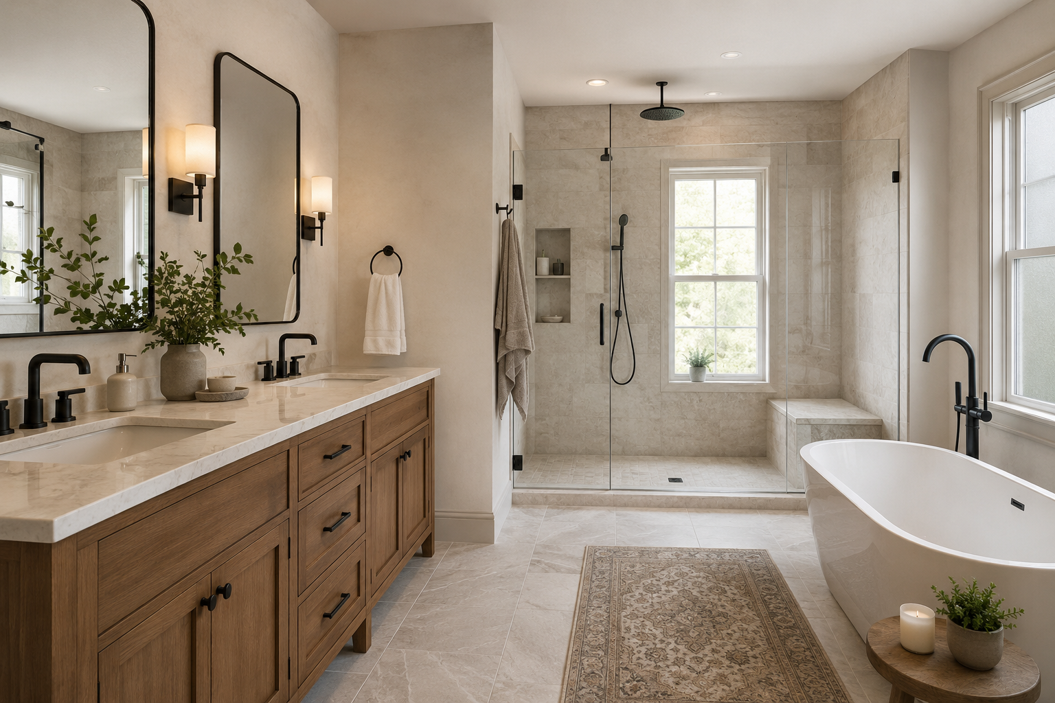 Primary bathroom remodel with frameless glass shower in a Rockville Maryland home
