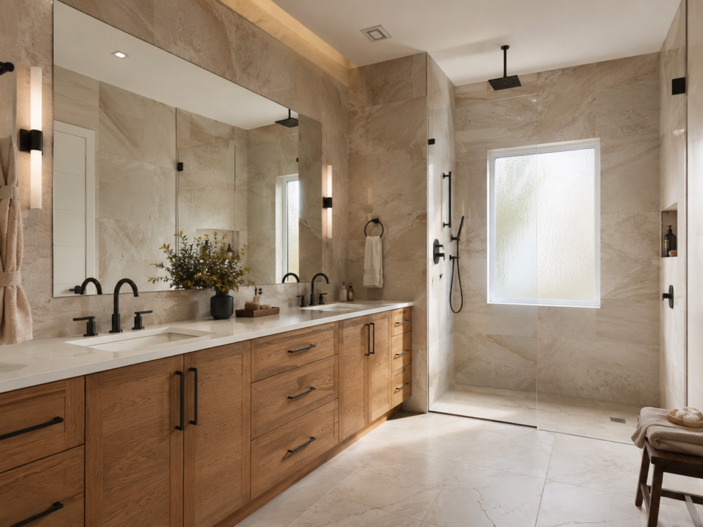 2026 bathroom design with wood vanity and natural stone in a Maryland home