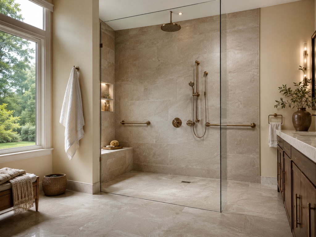 Aging in place bathroom remodel with curbless shower and grab bars in a Maryland home