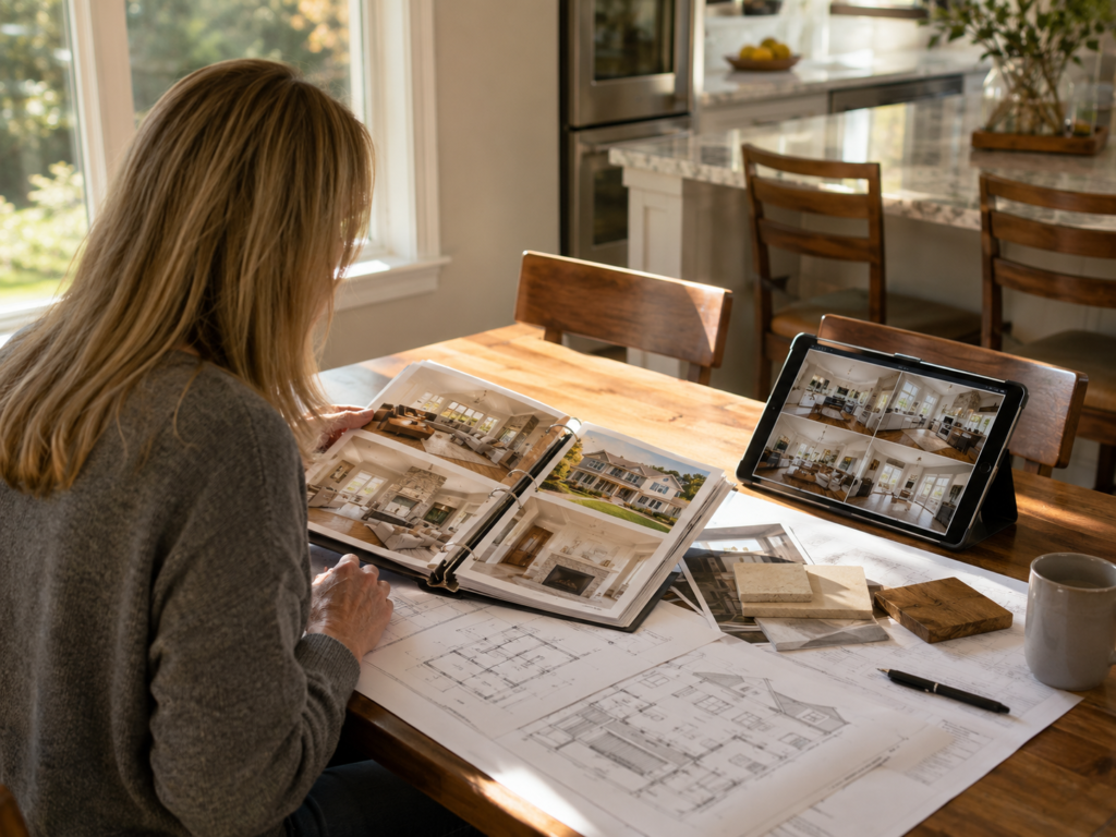 Maryland homeowner reviewing contractor credentials and portfolio before signing a remodeling contract
