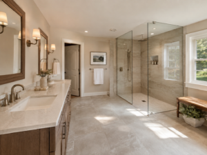 Bathroom remodeling project in a Fairfax Virginia home with curbless walk-in shower