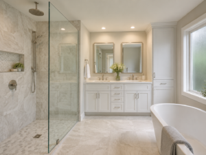 Bathroom remodeling project in a Gaithersburg Maryland Kentlands home with walk-in shower