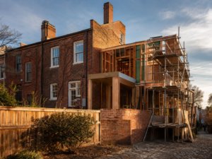 Rear addition under construction on a historic rowhouse in Old Town Alexandria, Virginia