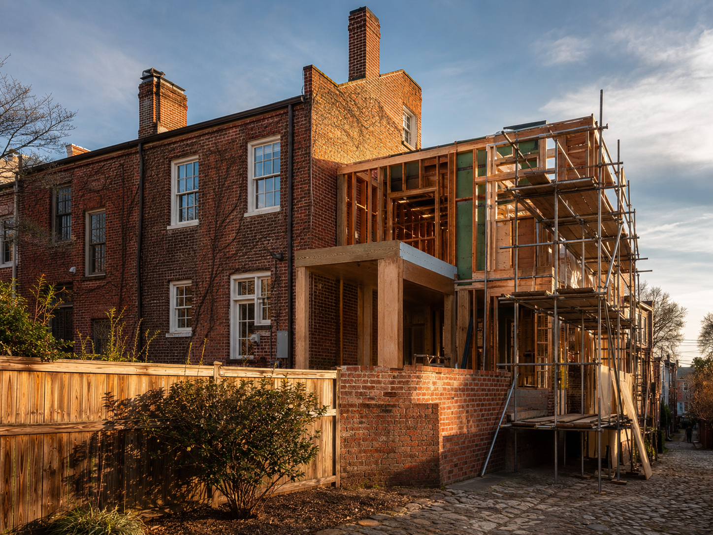Rear addition under construction on a historic rowhouse in Old Town Alexandria, Virginia