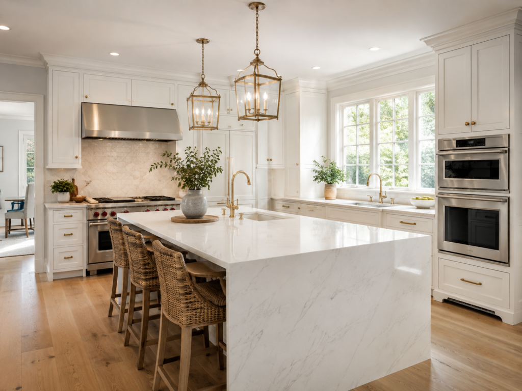 Kitchen remodeling project in a Bethesda Maryland home with custom white cabinetry and quartz island