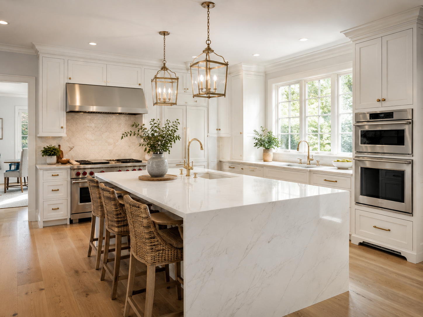 Kitchen remodeling project in a Bethesda Maryland home with custom white cabinetry and quartz island