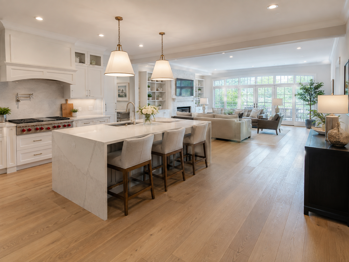 Whole home renovation completed inside a Bethesda Maryland Colonial home with open kitchen and living area