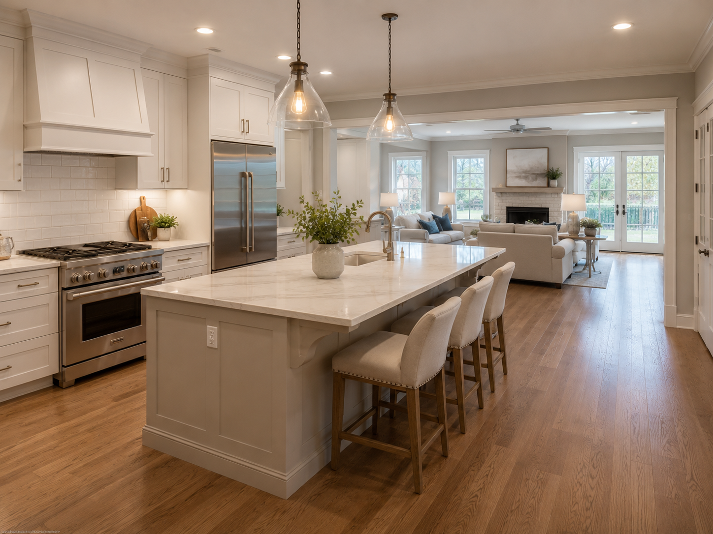 Kitchen remodeling project in a Vienna Virginia home with open-concept renovation and quartz island
