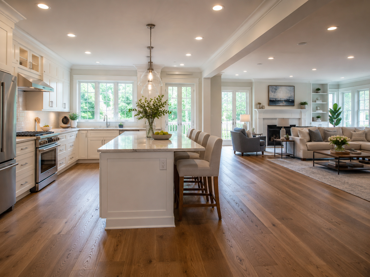 Kitchen remodeling project in a Fairfax Virginia home with open-concept renovation and quartz island