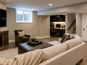 Finished basement with home office and living space in Fairfax, Virginia