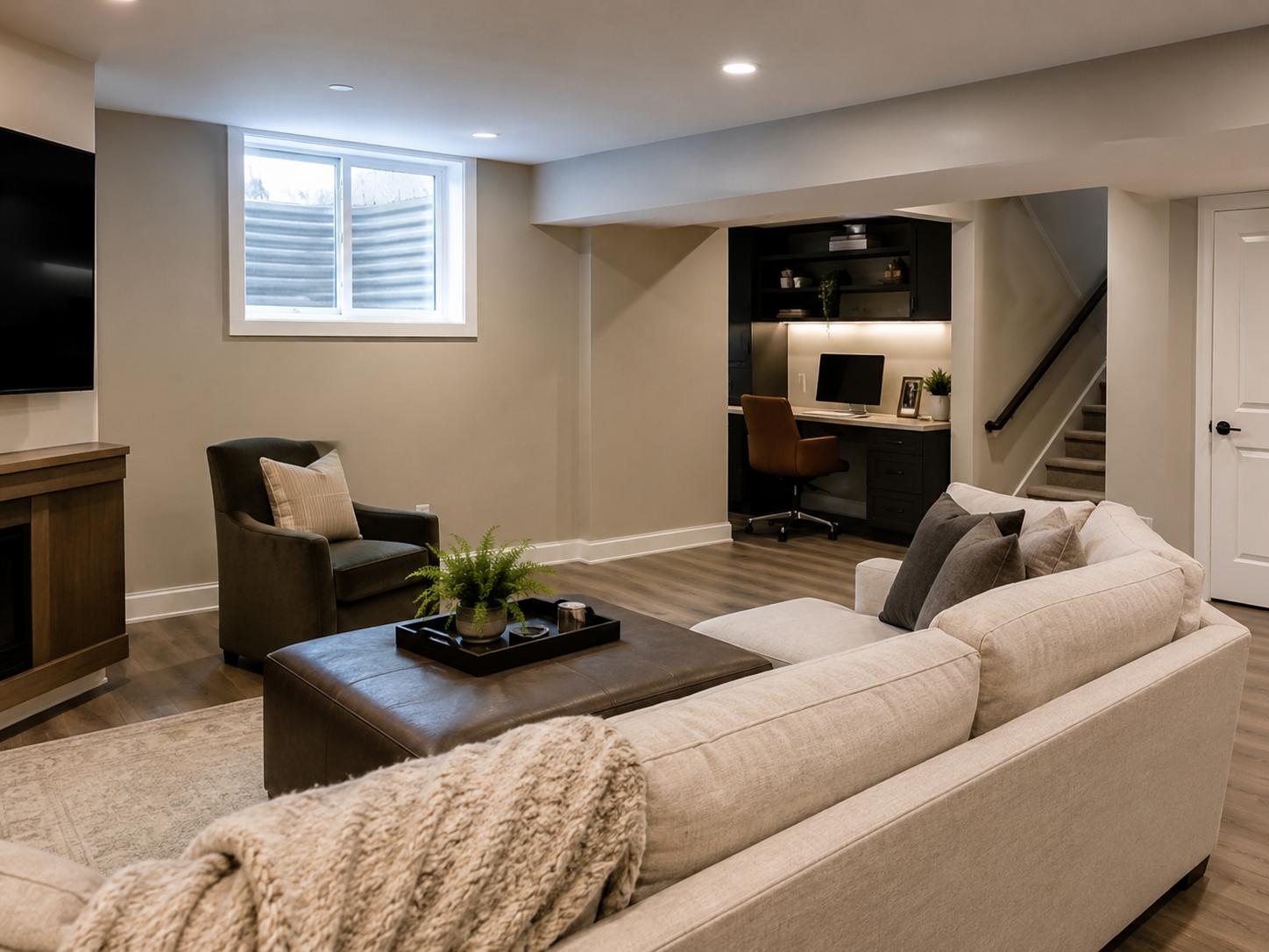 Finished basement with home office and living space in Fairfax, Virginia