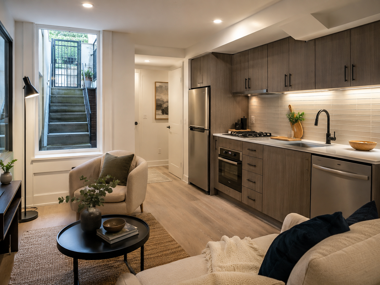 Finished English basement apartment with kitchenette in a Washington, DC rowhouse