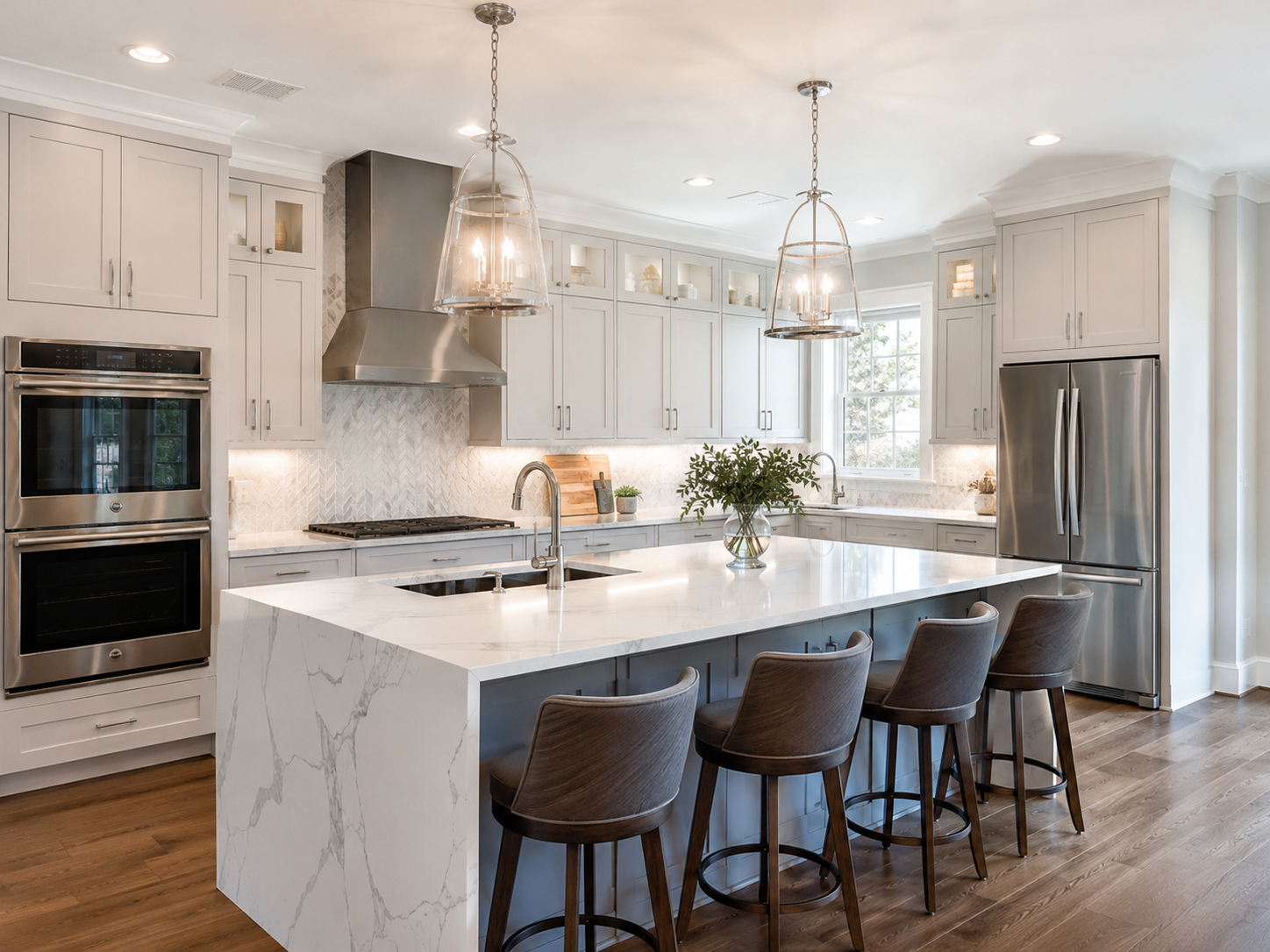Newly remodeled open-concept kitchen with island in a Bethesda, Maryland home