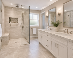 Bathroom remodeling project in a Rockville Maryland home with curbless shower and double vanity